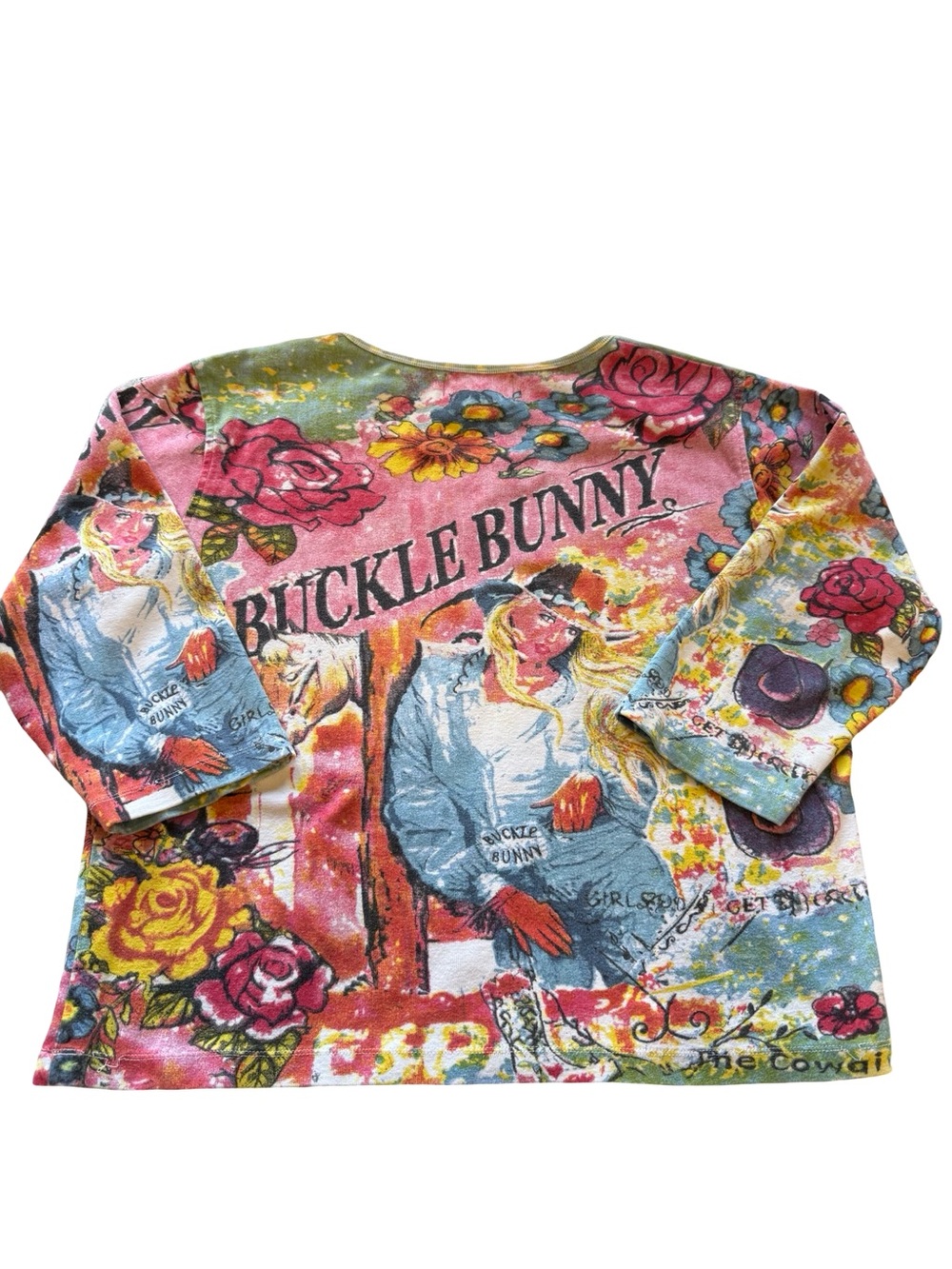 Y2K Buckle Bunny Western Graphic Top XL Pink Cowgirl Rhinestone 3/4 Sleeve Tee - Picture 3 of 7